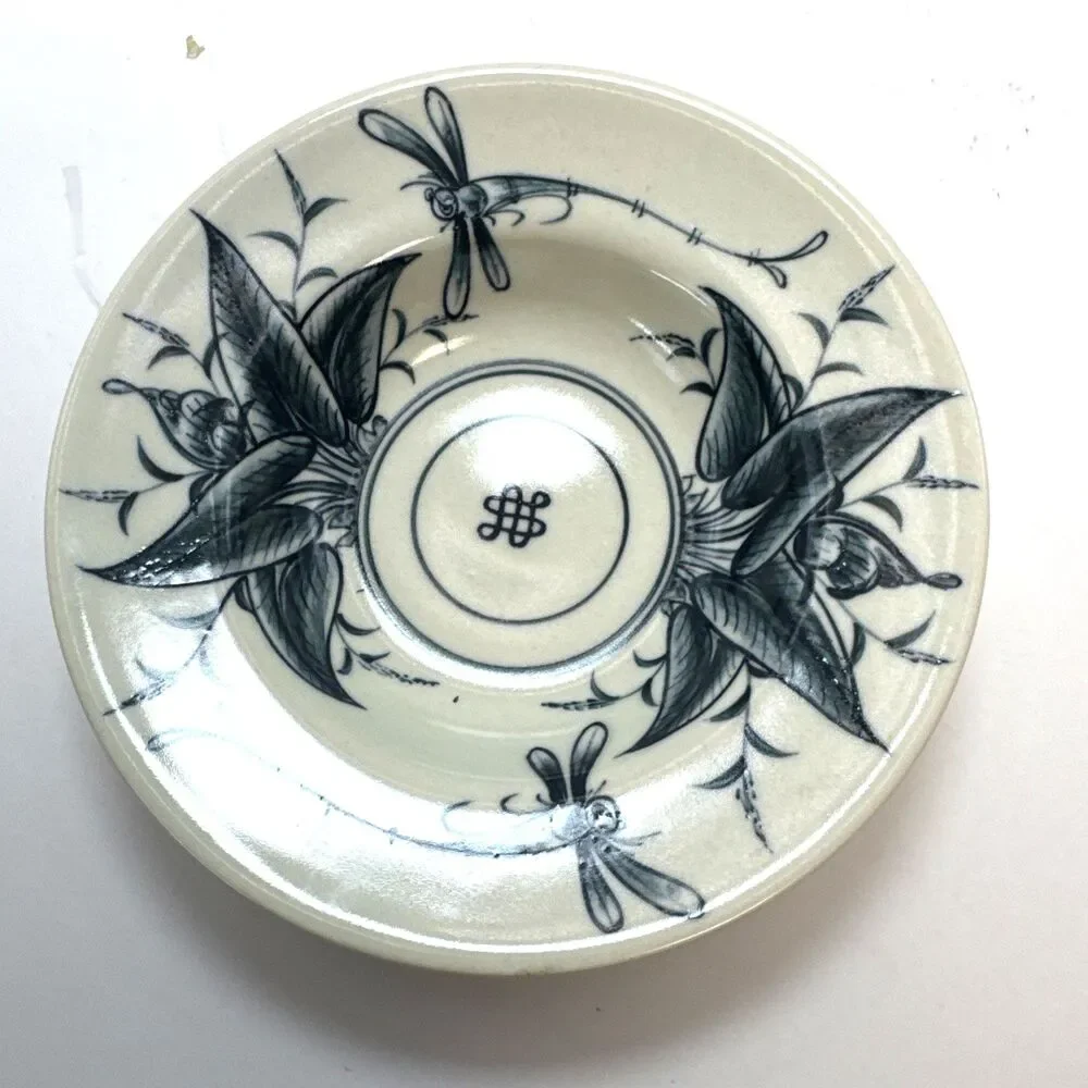 Bat Trang Vietnamese Hand Painted Pottery 2 Bowl heart trinket dish Dragonflies